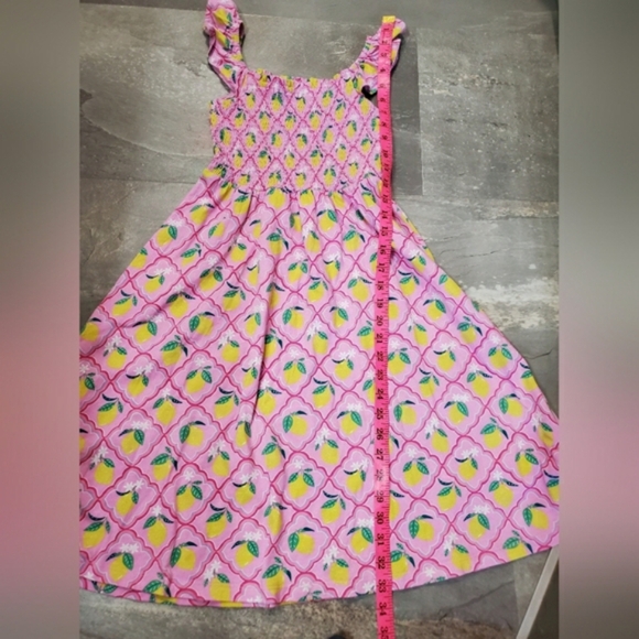 Mini Boden Summer Dress. Cotton. Smocked Torso. Pink. Lemon Print. Kid 9-10 yo. - Picture 4 of 10
